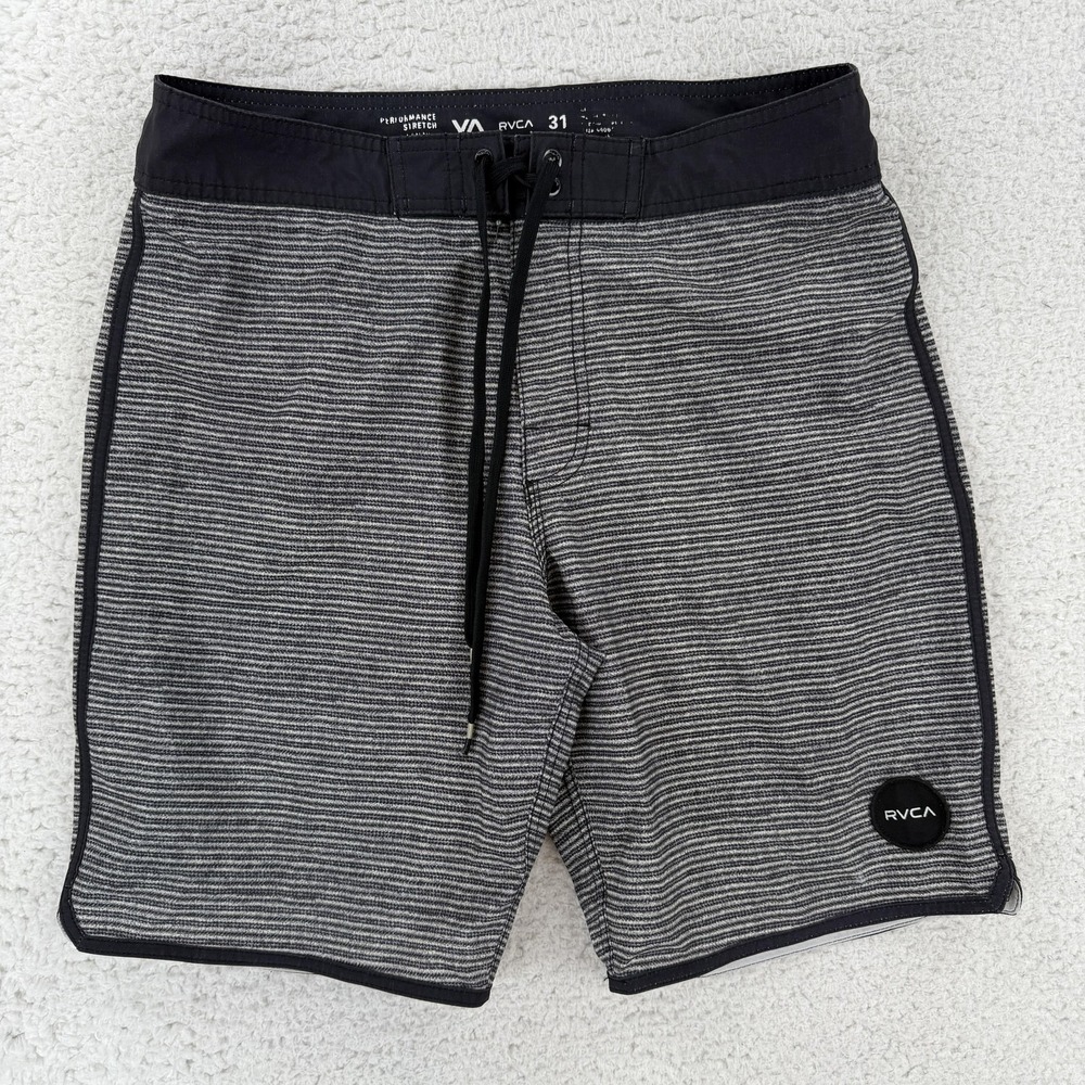 RVCA Board Shorts Mens 31 Gray Stripe Surf Swim Trunks Stretch MC114TRA